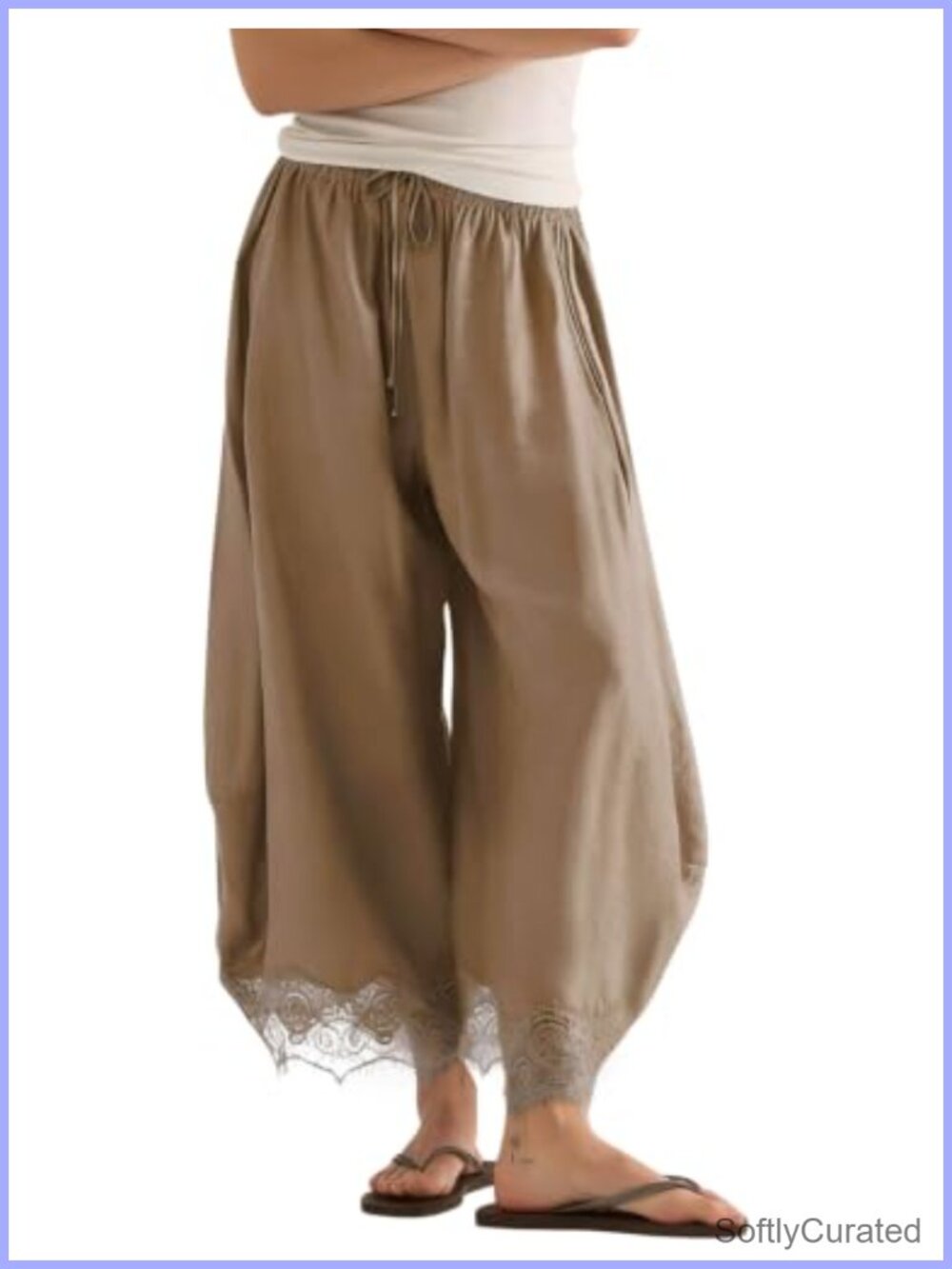Women's Cropped Lace-Hem Wide Leg Drawstring Waist Lounge Palazzo Pants with